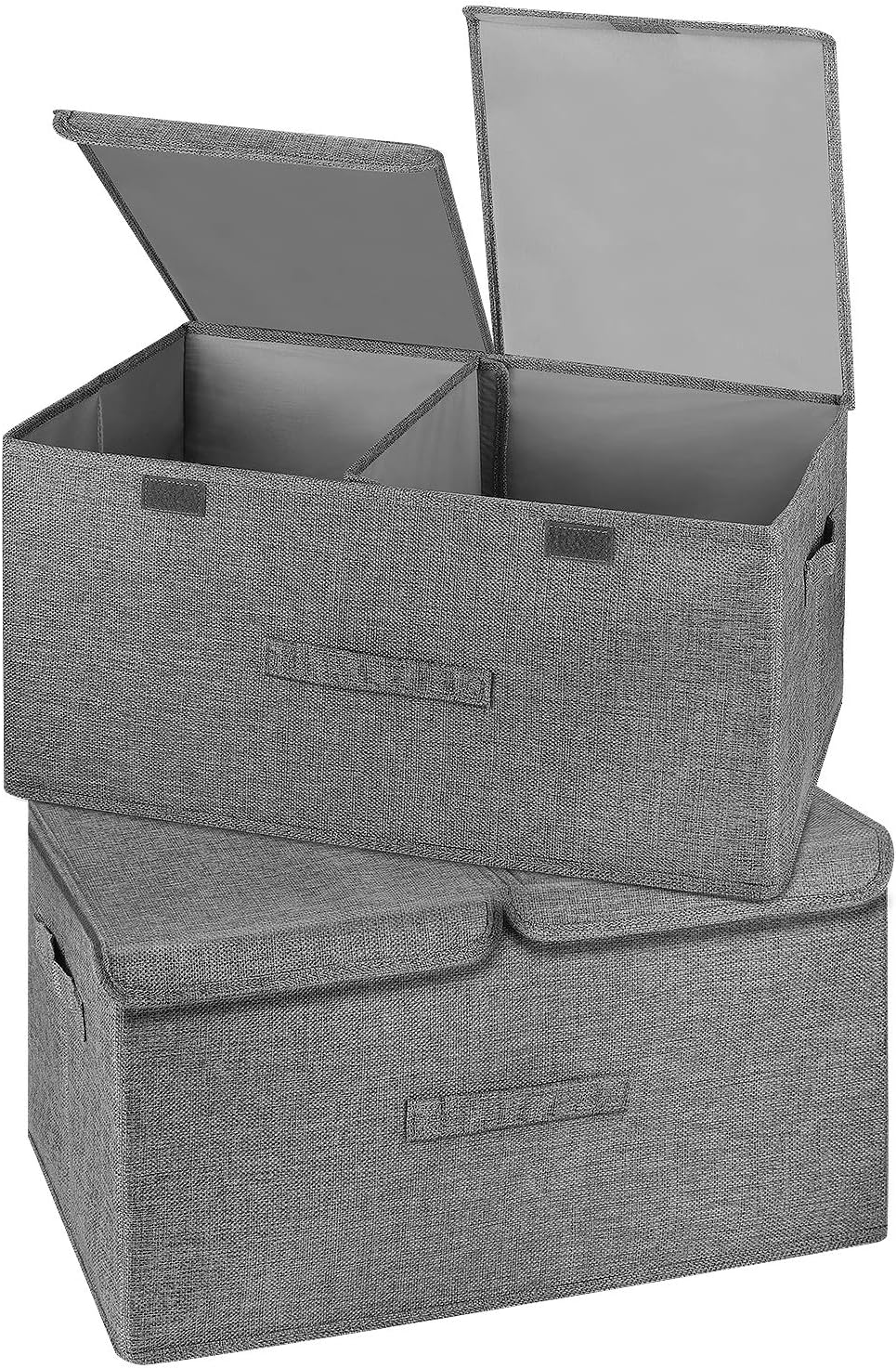 2 Pack Large Storage Boxes with Lids and Handles, Collapsible Linen Storage Bins Organizer Containers Baskets Cube with Removable Divider for Home Bedroom Closet Office (Grey, Large)
