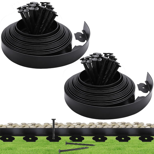 Garden Landscape Edging Kit Flexible Lawn Edging, Landscape Edging Border 33 FT with 30 Spikes, 2" Tall No Dig Garden Edging Roll for Landscaping Flower Beds Yard Pathway (2IN x 66FT, Black)