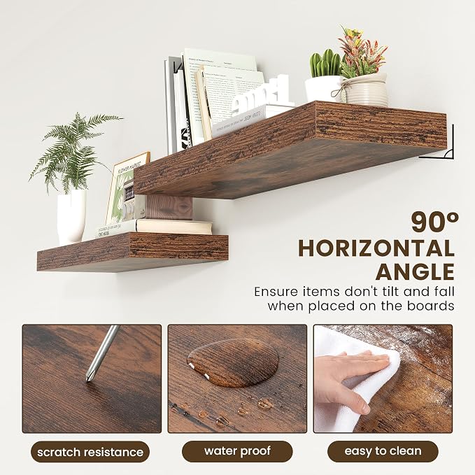 FLYJOE 36'' x 12'' x 2'' Floating Shelves, Rustic Brown Wood Floating Shelves Set of 1 for Living Room, Bathroom, Laundry Room, 12 Inch Deep Heavy-Duty Shelves for Home Decor