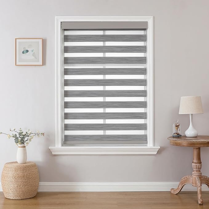 Joydeco Cordless Zebra Blinds (Pro), Dual Layer Light Control Zebra Blinds for Windows, Light-Proof Aluminum Cover, Free-Stop Roller Shades for Home & Office (Gray, 32" W x 75" H)