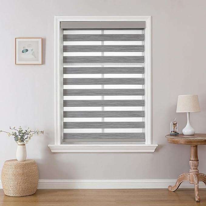 Joydeco Cordless Zebra Blinds (Pro), Dual Layer Light Control Zebra Blinds for Windows, Light-Proof Aluminum Cover, Free-Stop Roller Shades for Home & Office (Gray, 26" W x 75" H)