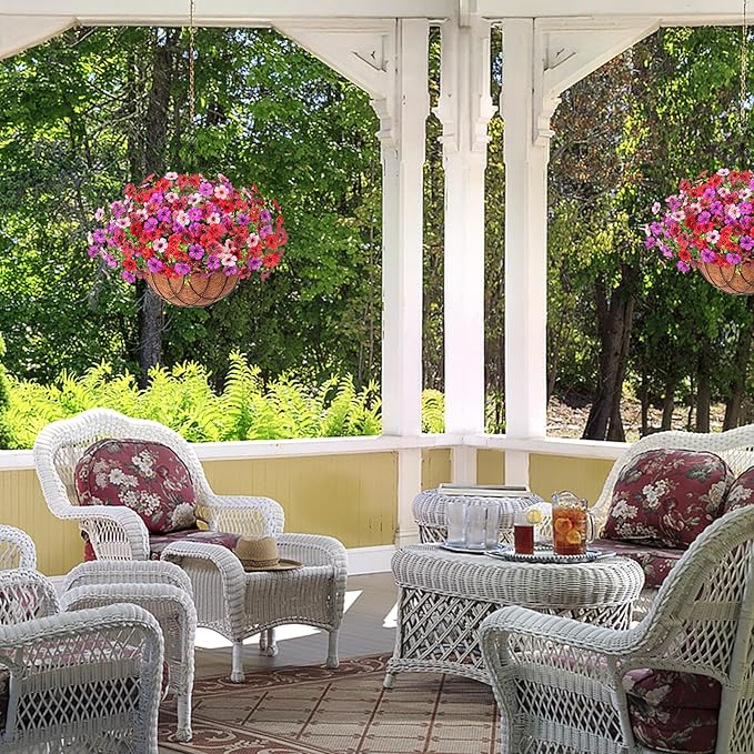 INXUGAO Artificial Silk Flowers Hanging Baskets Outdoors Indoors, Fake Daisy with Eucalyptus Leaves Arrangement for Garden Yard Spring Summer Decor Faux Green Plant(Red Brown Purple Pink)