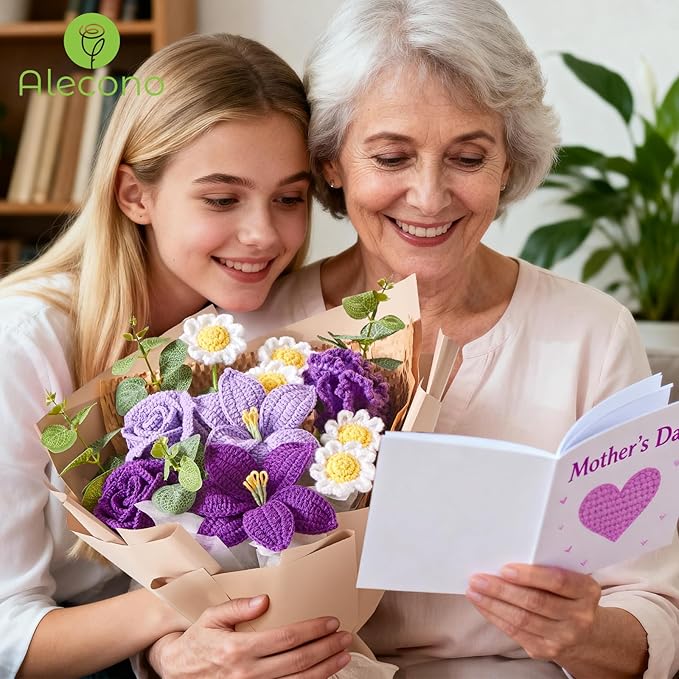 Alecono Crochet Flower Bouquet, Purple Knitted Flowers, Large Knitted Flower for Anniversary Party Christmas Festival Gifts for Her (Include Card)
