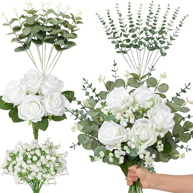 Serwalin 30 Pcs Mixed Eucalyptus Greenery Stems, White Silk Roses and Babys Breath Artificial Flowers for DIY Wedding Bouquets Home Party Arrangement Floral Vase Decor
