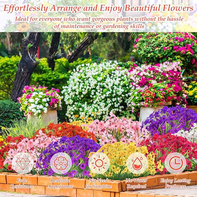 32 Bundles Artificial Flowers for Outdoors, UV Resistant Realistic Fake Silk Violet Flowers with Plastic Faux Plants Bulk for Outside Garden Yard Porch Patio Pots Window Boxes Hanging Planters Decor