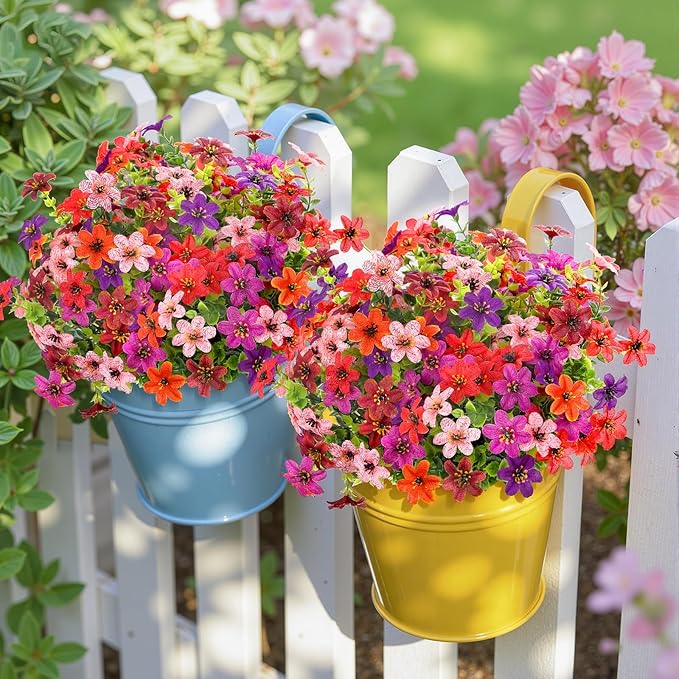 SHareconn 24 Bundles Artificial Flowers for Outdoor Spring Decorations, Realistic Fake Silk Plants UV-Resistant for Outdoor Planters,RedBrownPurpleDeepPurpleOrangePink