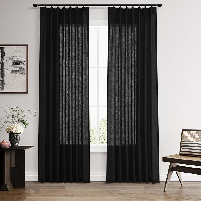 Black Pinch Pleated Linen Curtains 84 inches Long 2 Panels for Living Room Bedroom Light Filtering Privacy Semi Sheer Modern Farmhouse Textured Linen Back Tab Pleated Curtain with Hooks Rings 40x84