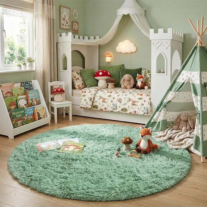 Amdrebio Sage Green Round Rugs 5Ft for Bedroom, Fluffy Furry Circle Rug for Nursery, Baby Kids Room Decor, Cute Shaggy Area Rugs for Preppy Dorm, Teen Girls Boys, Fuzzy Indoor Light Mint Green Carpet