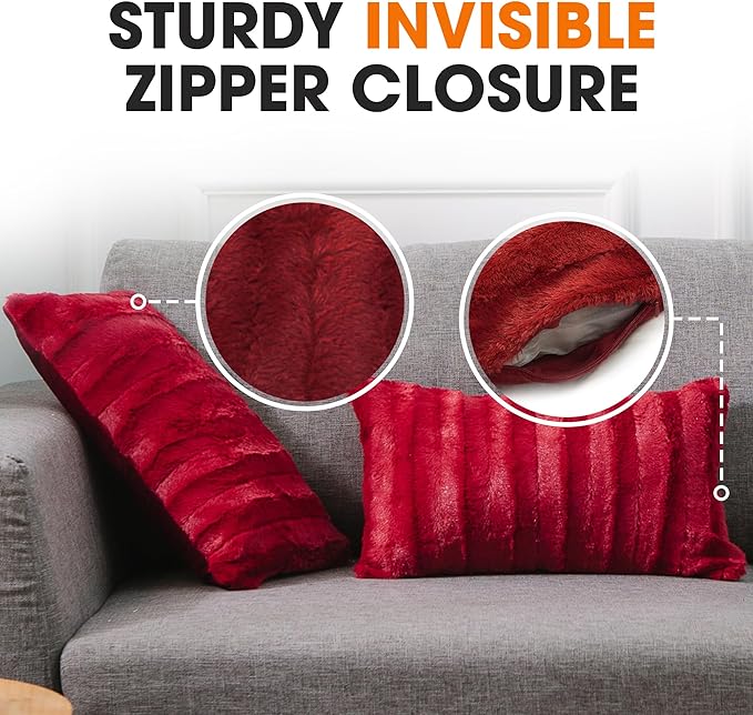 Cheer Collection Faux Fur Throw Pillows - Decorative Pillows for Couch, Bed Throw Pillows, Maroon Accent Pillows for Bedroom or Living Room Aesthetic, Set of 2 Furry Throw Pillows, 12" x 20"