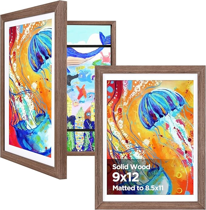 KINLINK 9x12 Kids Art Frame Set of 2, Solid Wood Kids Artwork Frames Changeable with Front Opening Hold 150 Pictures, Art Frames for Kids Art with Mat，without Mat 9x12 Picture Frame Brown Wood
