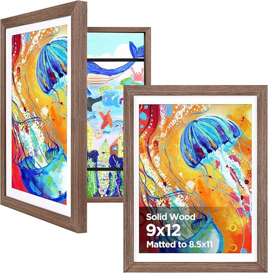 KINLINK 9x12 Kids Art Frame Set of 2, Solid Wood Kids Artwork Frames Changeable with Front Opening Hold 150 Pictures, Art Frames for Kids Art with Mat，without Mat 9x12 Picture Frame Brown Wood