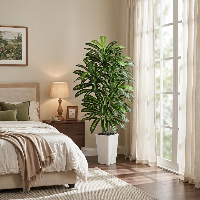 Artificial Dracaena Tree - 6FT Tall Fake Plants with White Tall Planter - Artificial Plants Indoor Floor Plant in Pot - Large Tropical Fake Yucca Potted Tree for Home Office Living Room Decor