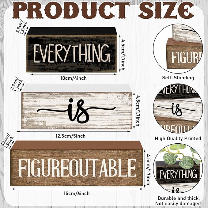 Lineshading 4 Pcs Inspirational Farmhouse Table Decor Everything Is Figureoutable Stacked Wooden Block Signs with Inspirational Quote Eucalyptus Leaves for Home, Living Room, Shelf Housewarming Gift