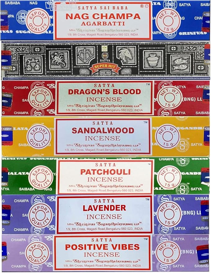Satya Incense Gift Set Nag Champa, Super hit, Dragon's Blood, Sandalwood, Patchouli, Lavender, Positive Vibes 15gms x 7 Packs | for Meditation, Yoga, Healing, Aromatherapy, Relxation, Spirituality |