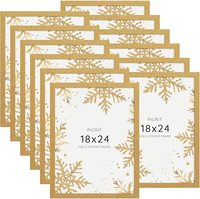Picrit 18x24 Picture Frame Set of 12, Display Photos 16 x 20 with Mat or 18 x 24 without Mat, Wall Gallery Poster Frames Display for Home Decor, Gold