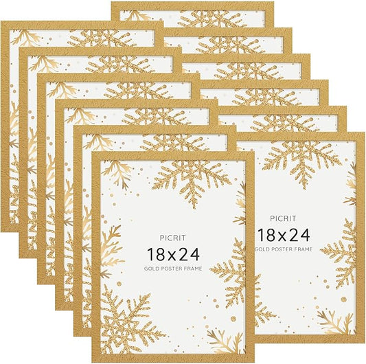 Picrit 18x24 Picture Frame Set of 12, Display Photos 16 x 20 with Mat or 18 x 24 without Mat, Wall Gallery Poster Frames Display for Home Decor, Gold