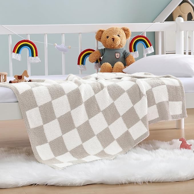 WRENSONGE Soft Checkered Throw Blanket for Couch-Cozy Warm Knitted Blankets | Lightweight Fluffy Decor for Boys & Girls, Sofa, Chair, Bed, 30x40in,Taupe