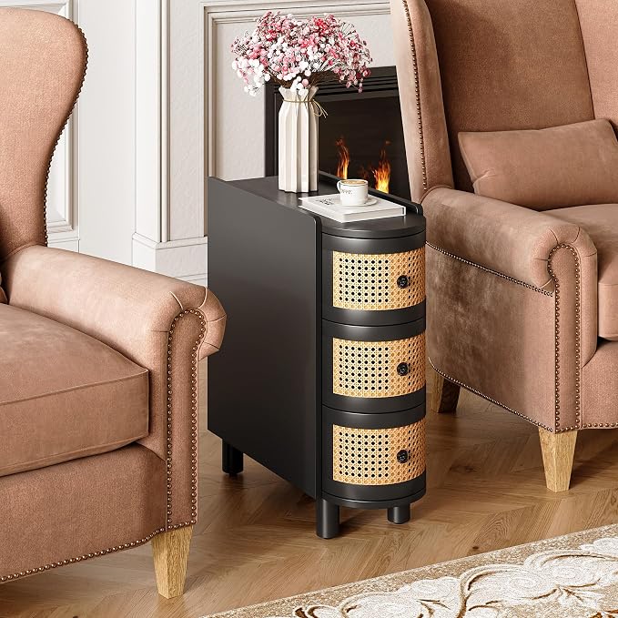 LITTLE TREE Solid Wood End Table, Rattan Narrow Side Table with 3 Drawers, No Assembly Required, Nightstand Bedside Tables for Living Room, Bedroom, Office, Bathroom, Black