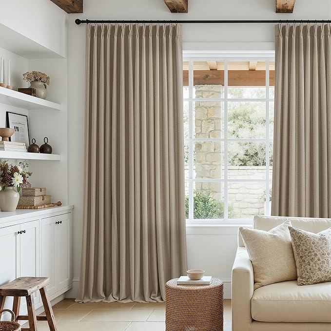 Pleated Linen Dark Flax Curtains 102 Inches Long 2 Panels for Living Room Bedroom Rustic Retro Farmhouse Textured Pinch Pleat Back Tab Track Semi Sheer Brown Ceiling Floor 102 Inch Curtain Drapes