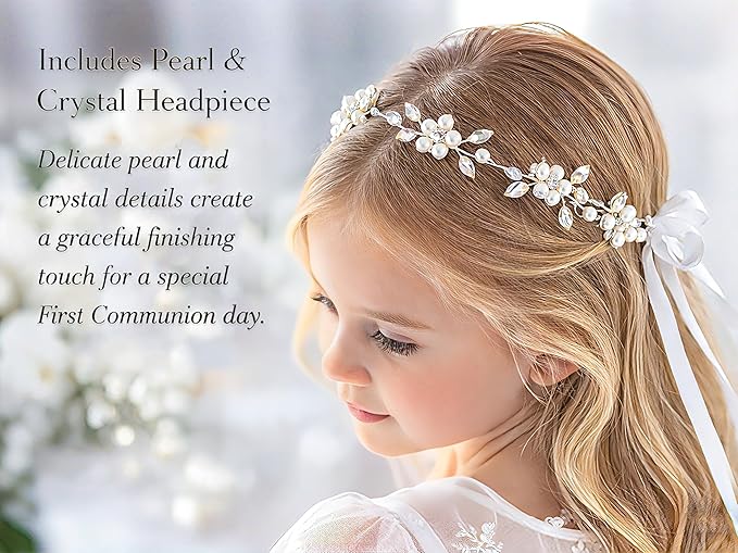 First Communion Gifts for Girls- First Holy Girl Figurine with Keepsake Box & Flower Girl Headpiece & Cross Necklace & Cross Bracelet Included, 1st Communion Gifts for Girls