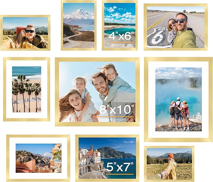 FIXSMITH 10 Pack Picture Frames Collage Wall Decor for Mounting or Tabletop Display, Gallery Wall Frame Set with Two 8x10 Gold Frames, Four 5x7 and Four 4x6 Frames, Multi-Pack Photo Frame Set