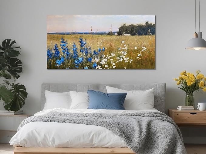 Ardemy Landscape Wall Art Canvas -Texture Strokes Vintage Countryside Serene Extra Large Framed 58"x29" Painting for Living Room, Flower Field Artwork Prints Bedroom Dining Room Home Office Wall Decor