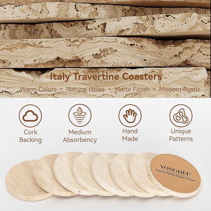 Travertine Coasters Set of 8, 4 Inch Round Heavy Duty Coasters for Drinks, Semi Absorbent Stone Coaster with Cork Back, Heat & Scratch Resistant Table Protection, Rustic Farmhouse Table Decor