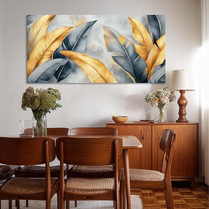 Ggaafet Gold Leaves Wall Art for Bedroom Canvas Painting Prints Botanical Boho Abstract Gray Leaf Art Deco Modern Artwork Office Family Dining Room Decor