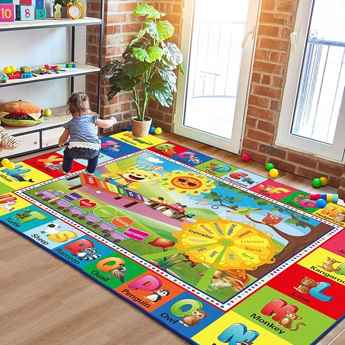 yongjoy ABC Rug, ABC Play Mat for Kids Playroom, Alphabet Floor Mat,Classroom Elementary Preschool Rugs wtih ABC, Numbers, Animals - (110X78.7 Inches)