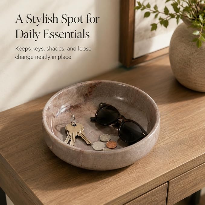Natural Marble Decorative Bowl 17cm 4.5cm Height, Multifunctional Serving Bowl for Jewelry, Keys, Candy, Snacks, Fruits Modern Home Decor for Entryway, Coffee Table, Bedroom