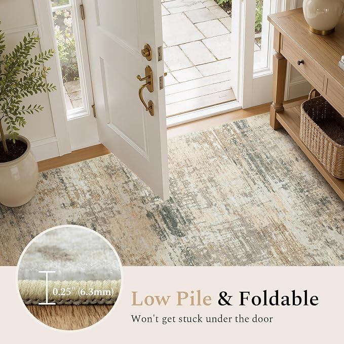 Rugflix 8x10 Area Rugs for Living Room, Washable Large Rug Stain-Resistant Low Pile, Modern Neutral Carpet for Dining Room Home Office Kid Room Nursery Bedroom, Gold/Beige/Grey