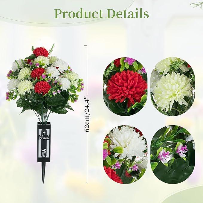 Artificial Cemetery Flowers for Grave: 2 Pcs 18 Heads Fake Mums Flowers with Vase for Cemetery Spring Decorations Outdoor Grave