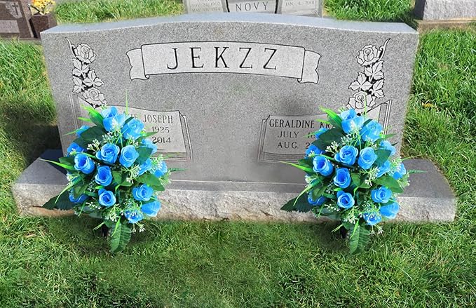 LVXINLI 2 Sets Artificial Cemetery Flowers,Outdoor Grave Decorations Roses,Beautiful Arrangements Bouquet with Cemetery Vase,Lasting and Non-Bleed Colors (Blue)