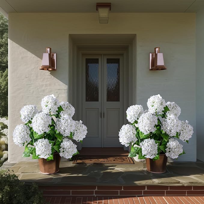 2 Pack Artificial Plants UV Resistant Faux Hydrangea Tree Indoor Outdoor Realistic Floor Plants Large Faux Plastic plantas Fake Flowers Trees for Home Porch Garden Office Porch Patio Front Decor