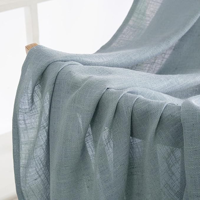 MIULEE Dusty Blue Short Linen Curtains 45 Inch Length 2 Panels for Kitchen Bedroom Bathroom, Soft Thick Linen Textured Basement Window Drapes Semi Sheer Light Filtering Back Tab Burlap Look Decor