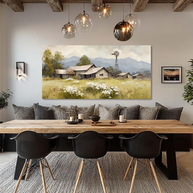 Rural House Wall Art for Living Room Canvas Oil Painting Prints Beautiful Countryside Tranquility Cabin Landscape Art Deco Retro Rustic Artwork Office Bedroom Farmhouse Dining Room Decor Extra Large