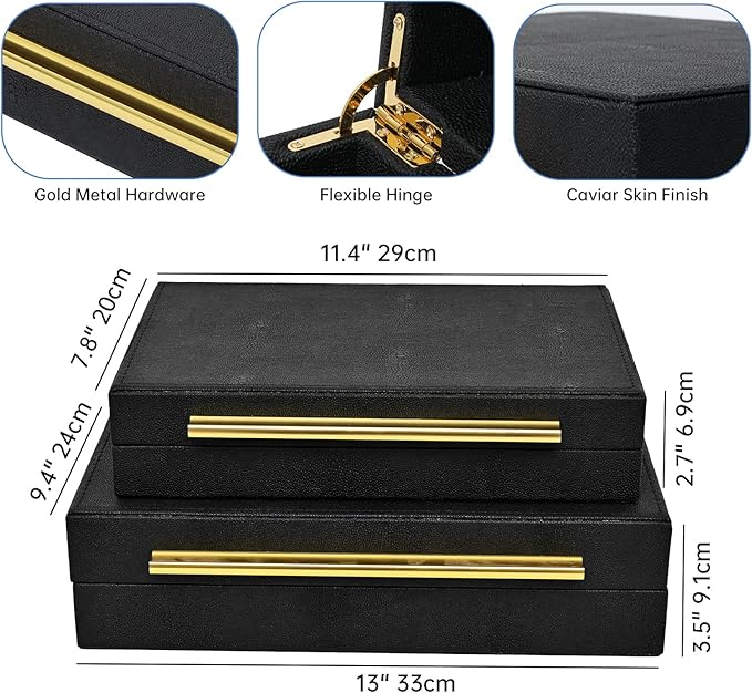 DECOR4SEASON Faux Shagreen Leather Jewelry Boxes Set of 2 with Gold Handles, Decorative Organizer Storage Box for Rings, Earrings, Watches, Dresser, Vanity, Stackable, Black