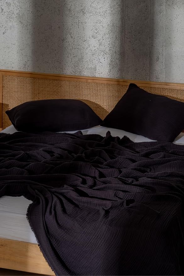 Muslin Blanket - Pure 100% Turkish Cotton Airy Soft Light Versatile Gauze Throw Blanket for Bed, Couch, Sofa (Black, California King Size (95" x 125" inch))