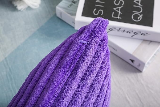 TangDepot Velvet Big Corduroy Pillow Covers 14x14 Violet 2-Pack | Soft wide-stripe corduroy pillow cover, hidden zipper, machine washable, easy refresh, for bedroom living room indoor outdoor
