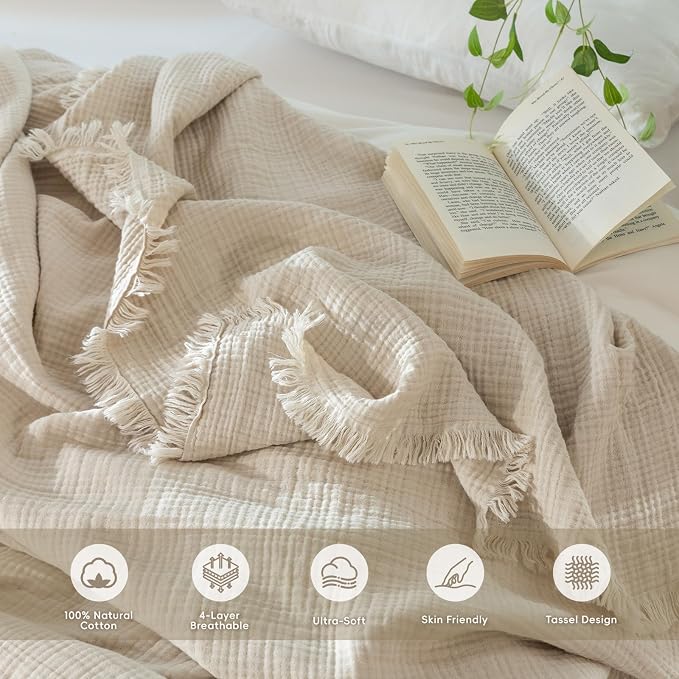 MooMee Muslin Blanket - 100% Cotton 4-Layer Gauze Throw Blanket with All-Around Fringe, Soft Breathable Lightweight Cooling Summer Blankets for Bed Couch (Beige,Throw XL 50" x 70")