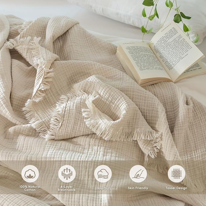 MooMee Muslin Blanket - 100% Cotton 4-Layer Gauze Throw Blanket with All-Around Fringe, Soft Breathable Lightweight Cooling Summer Blankets for Bed Couch (Beige,Queen 90" x 90")