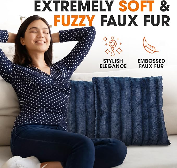 Cheer Collection Faux Fur Throw Pillows - Decorative Pillows for Couch, Bed Throw Pillows, Blue Accent Pillows for Bedroom or Living Room Aesthetic, Set of 2 Furry Throw Pillows, 18”x18”
