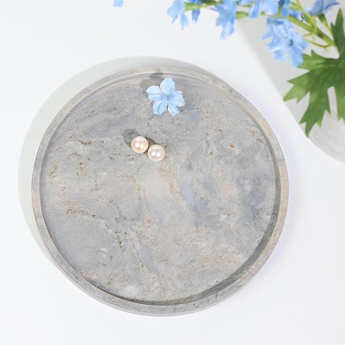 Natural Marble Vanity Tray, Round, 8.3 Inch, with Anti-Slip Pads, for Bathroom, Jewelry, Perfume Display, Coffee Table Decor (Blue with Gold)