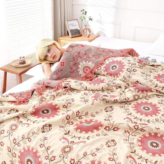 Snycler Boho Throw Blanket for Bed - 100% Cotton Ultra Soft Rustic Quilt - Pink Boho Floral Printed Farmhouse Decor Bed Blankets, 60"×80" All Season Rustic Throw for Sofa Couch Chair