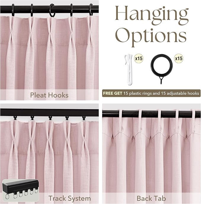 Pink Pinch Pleated Linen Curtains 108 Inch Length 2 Panels for Living Room Bedroom Textured PinkSemi Sheer Drapes Pinch Pleat Rings Window Curtain 40x108