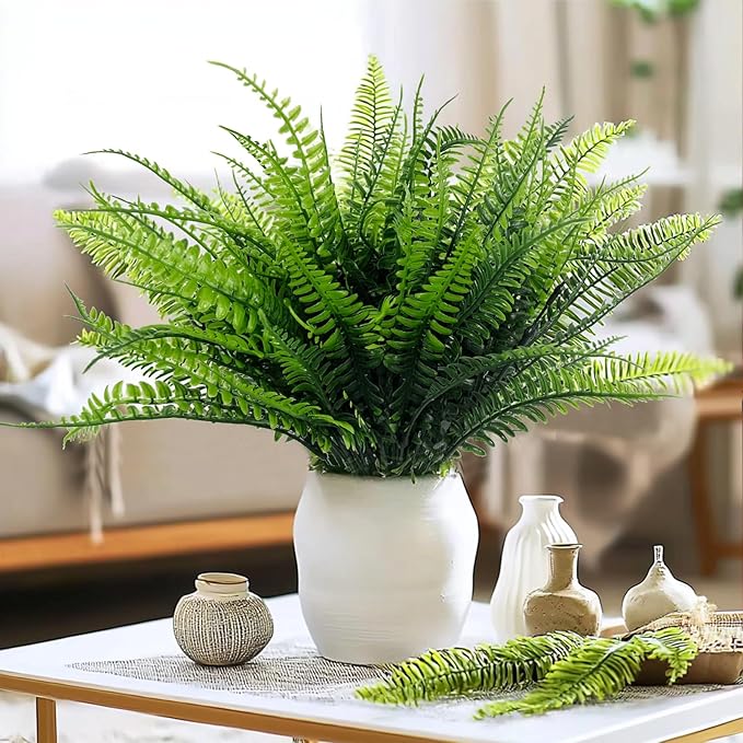 TURNMEON 8 Bundles Ferns Artificial Plants Outdoor 17 Inch Long Length Summer Decor, Artificial Flowers for Outdoors UV Resistant Fake Plants Plastic Faux Greenery Shrubs for Planter Home Garden Decor