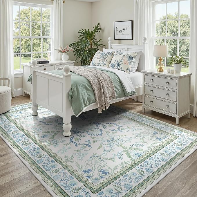 DCX Green 4x6 Rug, Kid & Pet Friendly with Rubber Back Non Slip, Machine Washable Stain Resistant Botanical Floral Rug for Living Room, Bedroom, Soft Low Pile Large Nursery Carpet