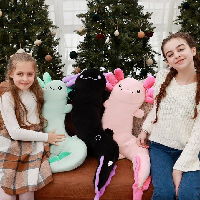 Tezituor Black Axolotl Stuffed Animal 48 inch Glow-in-Dark Plush Toy Body Pillow for Kids Adults Girls 6-12, 4ft Large Stuffed Salamander Axolotl Lovers Gifts Halloween Christmas Valentine's Day