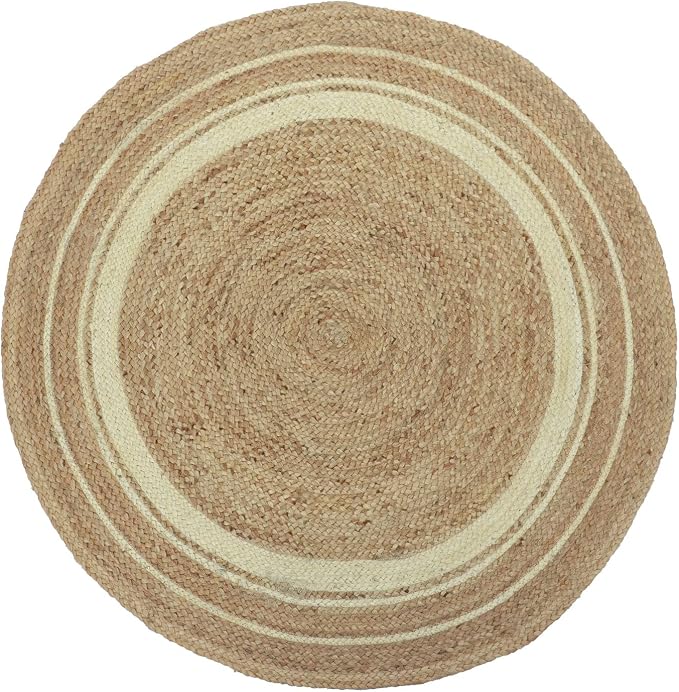 100% Jute Area Rug Approx 6 Feet - Braided Design Hand Woven Natural White Rings Carpet - Home Decor for Living Room Hallways - Round Natural Fibers