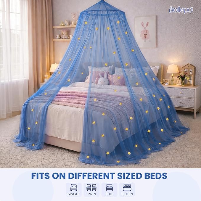 Bollepo Blue Canopy Bed, Blue Bed Canopy with Glow in The Dark Stars for Girls, Boys, Kids and Babies, Net Use to Cover The Baby, Kid, Girls Or Full Size Bed, Fire Retardant Fabric